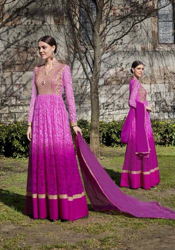 Look Pretty In This Heavy Designer Floor Length Suit In Shaded Pink And Rani Pink Color. Its Top Is Fabricated Brasso Paired With Santoon Bottom And Net Fabricated Dupatta. It Is Beautified With Attractive Embroidered Yoke. Buy Now.