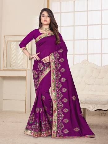 Here Is An Attractive Looking Heavy Designer Saree In Dark Purple Color Paired With Dark Purple Colored Blouse. This Saree And Blouse Are Fabricated On Art Silk Beautified With Coloful Resham Embroidery With Jari & Coding Work, Buy Now.