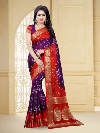 Grab This Pretty Designer Bandhani Saree In Purple And Red Color. This Saree And Blouse Are Fabricated On Art Silk Beautified With Prints And Weaved Lace Border. It Is Light In Weight And Easy To Carry All Day Long