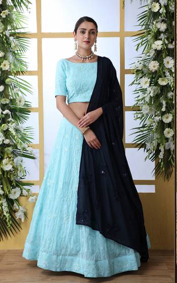 Grab This Bold And Beautiful Look Designer Lehenga Choli In Sky Blue Color Paired With Navy Blue Colored Dupatta. This Elegant Lehenga Choli And Dupatta Are Fabricated Georgette Beautified With Tone To Tone Embroidery. 