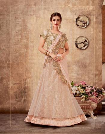 Swirl and twirl in magical motion in this glitzy and glittery lehenga saree in the softest shade of Light Peach that will make your soiree enchantingly beautiful 