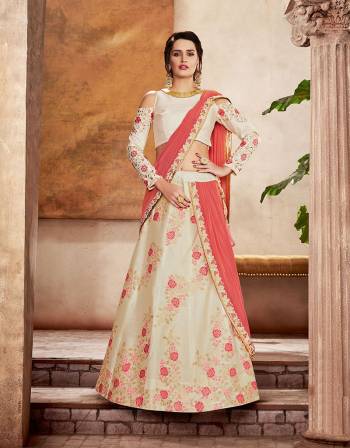 Enter the realm of pristine vibes in this soft white lehenga saree with delicate pink floral weaves and exude a clean, classy and romantic appeal