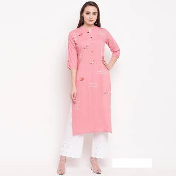 Enhance Your Personality Wearing This Designer Readymade Straight Kurti In Baby Pink Color Fabricated On Rayon. It Has Very Pretty Elegant Resham Work. 