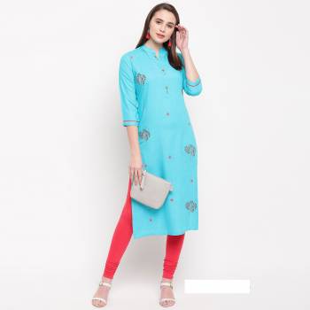 Add This Pretty And Elegant Looking Readymade Straight Kurti In Sky Blue Color Fabricated On Rayon. It Is Beautified With Resham Work. It Is Light Weight And Easy To Carry All Day Long.