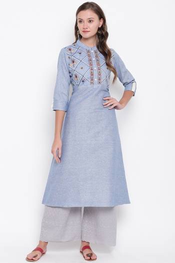 Grab This Beautiful Kurti In Steel Blue Color Fabricated On Cotton. This Readymade Straight Kurti IS Light Weight And Can Be Paired With Same Or Contrasting Colored Bottom. 