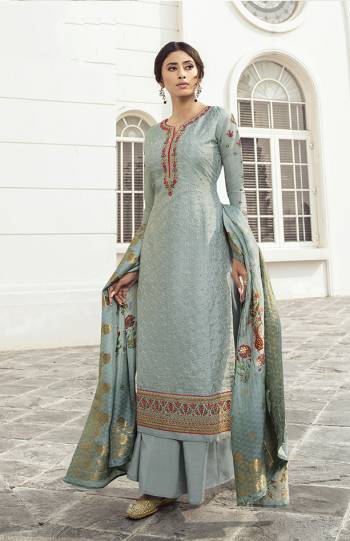 Flaunt Your Rich and Elegant Taste Wearing This Designer Heavy Straight Cut Suit In Pastel Blue Color. Its Lovely Heavy Embroidered Top Is Fabricated On Satin Silk Paired With Santoon Bottom And Jacquard Rayon Fabricated Dupatta. Buy This Elegant Designer Piece Now.