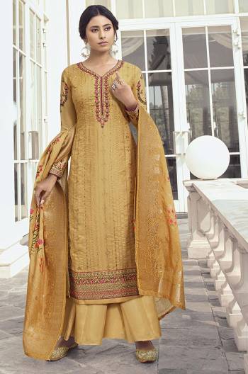 Look Pretty In This Designer Straight Suit In Occur Yellow Color. Its Top Is Fabricated On Satin Silk Paired With Santoon Bottom And Jacquard Rayon Fabricated Dupatta. Its Top Is Beautified With Attractive Embroidery And Its Dupatta Has Pretty Digital Print And Weave. 