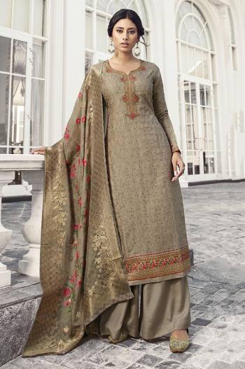 Look Pretty In This Designer Straight Suit In Grey Color. Its Top Is Fabricated On Satin Silk Paired With Santoon Bottom And Jacquard Rayon Fabricated Dupatta. Its Top Is Beautified With Attractive Embroidery And Its Dupatta Has Pretty Digital Print And Weave. 