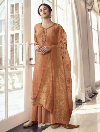 Flaunt Your Rich and Elegant Taste Wearing This Designer Heavy Straight Cut Suit In Light Orange Color. Its Lovely Heavy Embroidered Top Is Fabricated On Satin Silk Paired With Santoon Bottom And Jacquard Rayon Fabricated Dupatta. Buy This Elegant Designer Piece Now.