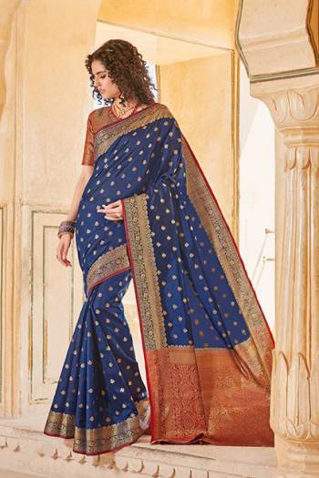 Classy Saree look pretty like never before.Wearing this Navy Blue Color Saree which made from Handloom Silk With Maroon & Golden Color Handloom Silk blouse, Saree has also decorative work like Heavy Jacquard Work With Pallu.This beautiful Saree features a classy Jacquard Work all over,which makes it a smart pick for all occasions. 
