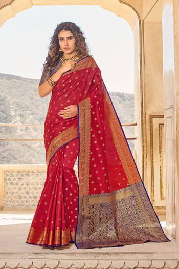 Classy Saree look pretty like never before.Wearing this Red Color Saree which made from Handloom Silk With Violet & Golden Color Handloom Silk blouse, Saree has also decorative work like Heavy Jacquard Work With Pallu.This beautiful Saree features a classy Jacquard Work all over,which makes it a smart pick for all occasions. 