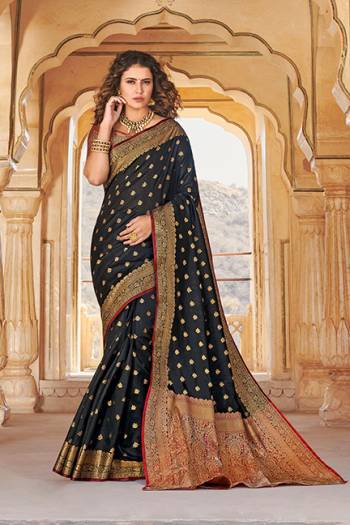 Classy Saree look pretty like never before.Wearing this Black Color Saree which made from Handloom Silk With Maroon & Golden Color Handloom Silk blouse, Saree has also decorative work like Heavy Jacquard Work With Pallu.This beautiful Saree features a classy Jacquard Work all over,which makes it a smart pick for all occasions. 