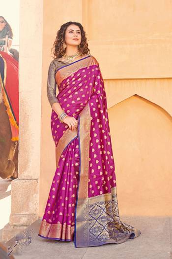 Classy Saree look pretty like never before.Wearing this Magenta Pink Color Saree which made from Handloom Silk With Blue & Golden Color Handloom Silk blouse, Saree has also decorative work like Heavy Jacquard Work With Pallu.This beautiful Saree features a classy Jacquard Work all over,which makes it a smart pick for all occasions. You can wear this Saree in different styles.