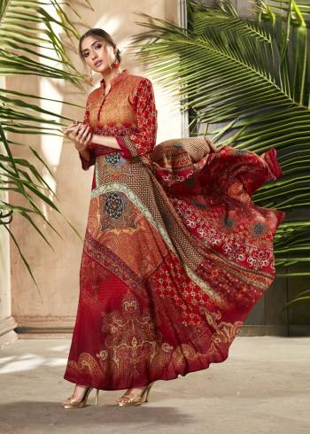 Celebrate This Festive Season With Beauty And Comfort Wearing This Designer Readymade Gown In Red And Orange Color Fabricated On Soft Silk. This Pretty Gown Is Beautified With Digital Prints All Over. Buy Now. 