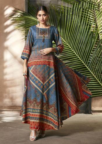 Celebrate This Festive Season With Beauty And Comfort Wearing This Designer Readymade Gown In Blue And Multi Color Fabricated On Soft Silk. This Pretty Gown Is Beautified With Digital Prints All Over. Buy Now. 