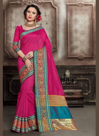 Celebrate This Festive Season With Beauty And Comfort Wearing This Designer Silk Based Saree In Rani Pink Color. This Pretty Saree And Blouse Are Fabricated On Handloom Silk Beautified With Heavy Weaved Lace Border. 