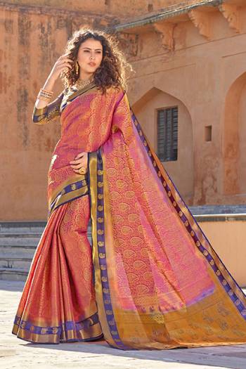 Classy Saree look pretty like never before.Wearing this Pink Color Saree which made from Silk With Navy Blue Color Silk blouse, Saree has also decorative work like Heavy Jacquard Work With Pallu.This beautiful Saree features a classy Jacquard Work all over,which makes it a smart pick for all occasions.