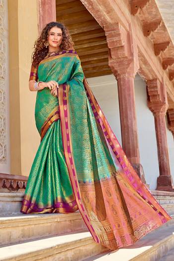 Classy Saree look pretty like never before.Wearing this Sea Green Color Saree which made from Silk With Purple Color Silk blouse, Saree has also decorative work like Heavy Jacquard Work With Pallu.This beautiful Saree features a classy Jacquard Work all over,which makes it a smart pick for all occasions.