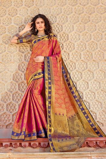 Classy Saree look pretty like never before.Wearing this Rani Pink Color Saree which made from Silk With Violet Color Silk blouse, Saree has also decorative work like Heavy Jacquard Work With Pallu.This beautiful Saree features a classy Jacquard Work all over,which makes it a smart pick for all occasions.