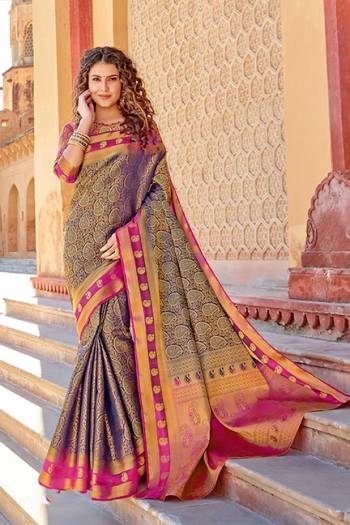 Classy Saree look pretty like never before.Wearing this Navy Blue Color Saree which made from Silk With Rani Pink Color Silk blouse, Saree has also decorative work like Heavy Jacquard Work With Pallu.This beautiful Saree features a classy Jacquard Work all over,which makes it a smart pick for all occasions.