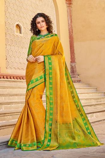 Classy Saree look pretty like never before.Wearing this Musturd Yellow Color Saree which made from Silk With Green Color Silk blouse, Saree has also decorative work like Heavy Jacquard Work With Pallu.This beautiful Saree features a classy Jacquard Work all over,which makes it a smart pick for all occasions.