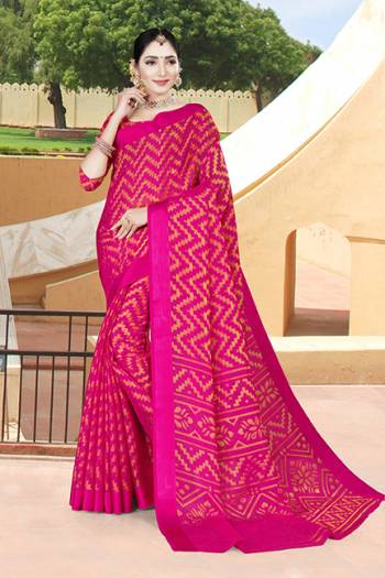 Here Is A Pretty Saree For Your Festive Or Semi-Casual Wear In Dark Pink Color. This Saree And Blouse Are Fabricated On Brasso Silk Beautified With Weave. It Is Light In Weight, Durable And Easy To Care For. 
