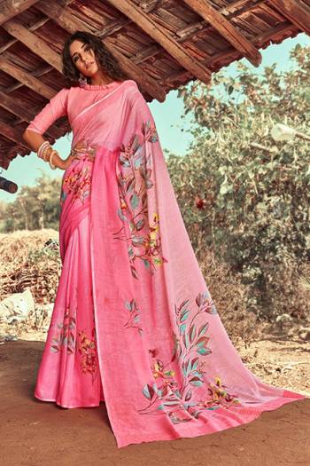 Look Pretty Wearing This Lovely Digital Printed Saree In Pink Color Paired With Pink Colored Blouse. This Saree And Blouse Are Fabricated On Linen Beautified With Floral Prints. Its Fabric Is Light Weight, Durable And Soft Towards Skin. 