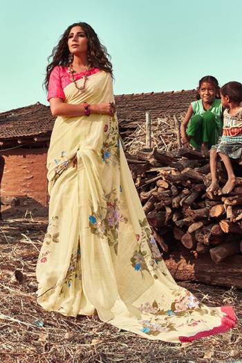 Simple and Elegant Looking Designer Saree Is Here In Elegant Light Yellow Color Paired With Contrasting Dark Pink Colored Blouse. This Saree And Blouse Are Linen Based Beautified With Digital Floral Prints. Buy Now.