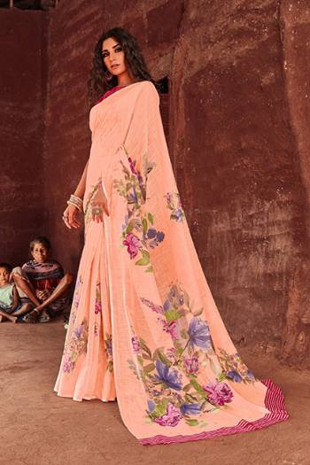 Look Pretty Wearing This Lovely Digital Printed Saree In Peach Color Paired With Dark Pink Colored Blouse. This Saree And Blouse Are Fabricated On Linen Beautified With Floral Prints. Its Fabric Is Light Weight, Durable And Soft Towards Skin. 