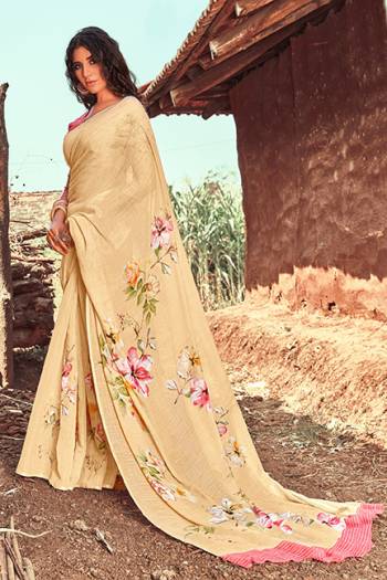 You Will Definitely Earn Lots Of Compliments Drapiing This Lovely Designer Saree In Cream Color Paired With Contrasting Dusty Pink Colored Blouse. This Saree And Blouse Are linen Based Beautified With Floral Prints. Buy This Pretty Saree Now.