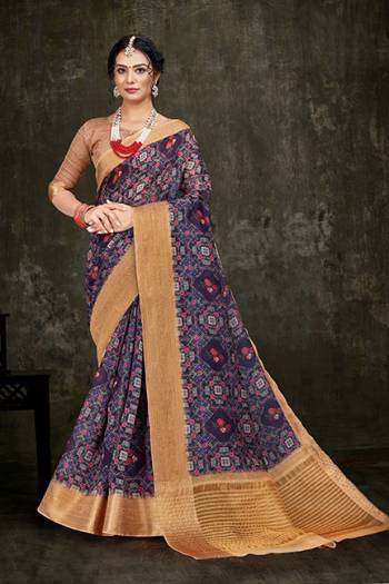 Look Pretty In This Printed Designer Saree In Purple Color Paired With Beige Colored Blouse. This Saree And Blouse Are Fabricated on Cotton Silk Beautified With Attractive Jacquard Silk Border. Buy Now.