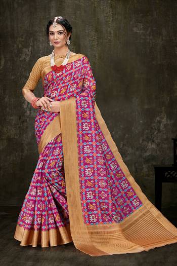 Add This Pretty Printed Saree To Your Wardrobe In Dark Pink Color Paired With Beige Colored Blouse. This Saree And Blouse Are Fabricated On Cotton Silk Beautified With Prints And Jacquard Lace Border. 