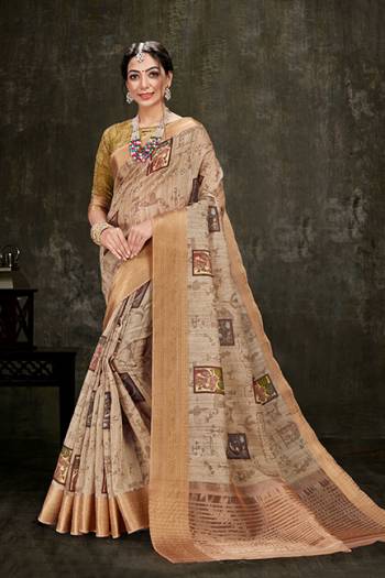 Celebrate This Festive Season Wearing This Pretty Saree In Beige Color Paired With Beige Colored Blouse. This Saree And Blouse Are Fabricated On Cotton Silk Beautified With Prints All Over And Also Jacquard Silk  Border. 