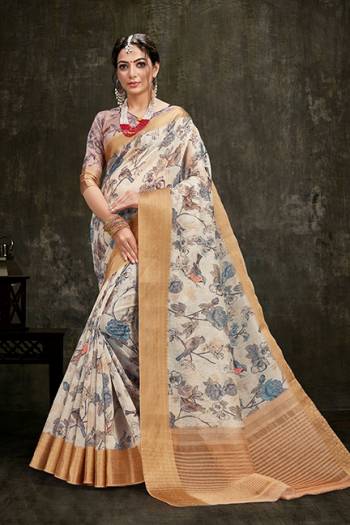 Flaunt Your Rich And Elegant Taste Wearing This Prtety Simple Printed Saree In Off-White Color Paired With Dusty Pink Colored Blouse. This Saree And Blouse Are Fabricated On Cotton Silk With Attractive Jacquard Silk Border. 