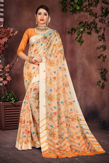 Celebrate This Festive Season With Beauty And Comfort Wearing This Light Weight Designer Saree In Light Orange Color Paired With Orange Colored Blouse, This Saree And Blouse Are Fabricated On Cotton Silk Beautified With Prints All Over And Satin Border. Buy Now.