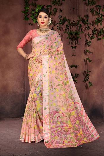 Celebrate This Festive Season With Beauty And Comfort Wearing This Light Weight Designer Saree In Baby Pink Color Paired With Pink Colored Blouse, This Saree And Blouse Are Fabricated On Cotton Silk Beautified With Prints All Over And Satin Border. Buy Now.