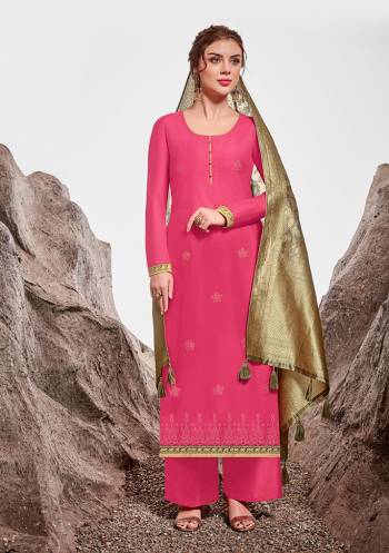 Look Attractive Wearing This Lovely Stoone Work Designer Straight Suit In Rani Pink Color Paired With Grey Colored Dupatta. Its Top Is Fabricated on Nylon Chanderi Paired With Cotton Satin Bottom And Jacquard Silk Fabricated Dupatta. 