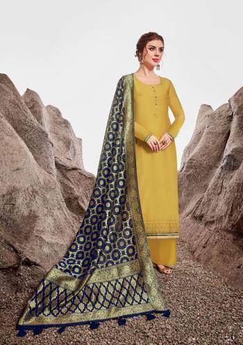 Celebrate This Festive Season Wearing This Desigenr Straight Cut Suit In Pear Green Color Paired With Contrasting Navy Blue Colored Dupatta. Its Pretty Top Is Fabricated On Nylon Chanderi Paired With Satin Cotton Bottom And Jacquard Silk Fabricated Dupatta. Buy This Dress Material Now.