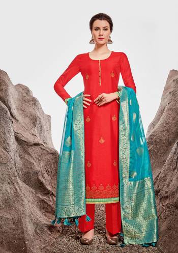 Look Attractive Wearing This Lovely Stoone Work Designer Straight Suit In Red Color Paired With Sky Blue Colored Dupatta. Its Top Is Fabricated on Nylon Chanderi Paired With Cotton Satin Bottom And Jacquard Silk Fabricated Dupatta. 