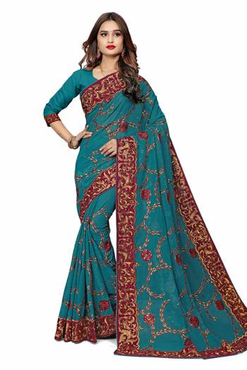 Add This Pretty Designer Saree To Your Wardrobe In Green Color. This Saree Is Fabricated On Georgette  Paired With Georgette Fabricated Blouse. It Is Beautified With Heavy Attractive Embroidery. 