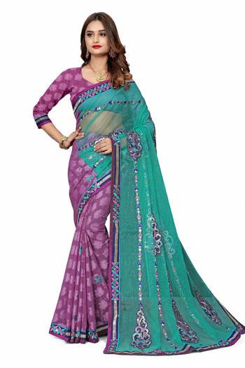 Here Is An Attractive Looking Designer Saree In Turquoise Blue And Purple Color. This Saree Is Fabricated On Jacquard Silk And Net Paired With Jacquard Silk Fabricated Blouse. Buy This Saree Now.