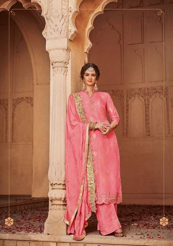 Celebrate This Festive And Wedding Season With Beauty And Comfort In This Heavy Designer Straight Suit In Pink Color. It Top Is Fabricated On Jacquard Silk Paired With Santoon Bottom and Chinon Fabricated Dupatta. Buy Now.