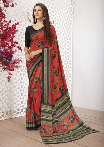 Add Some Casuals With This Pretty Saree Fabricated On Crepe. This Saree And Blouse are Beautified With prints And It Is Light Weight And Easy To Carry All Day Long