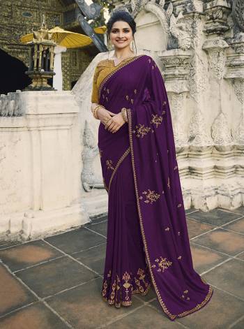 Catch All The Limelight At The Next Wedding You Attend Wearing This Attractive Looking Designer Saree In Purple Color Paired With Contrasting Musturd Yellow Colored Blouse. This Pretty Saree Is Fabricated On Crepe Silk Paired With Art Silk Fabricated Blouse. 