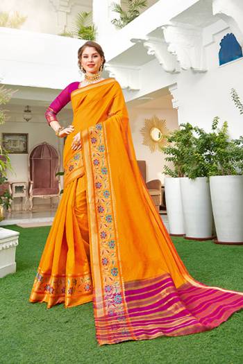 Celebrate This Festive Season With Beauty And Comfort Wearing This Designer Silk Based Saree In Orange Color. This Pretty Saree And Blouse Are Fabricated On Handloom Silk Beautified With Heavy Weaved Lace Border