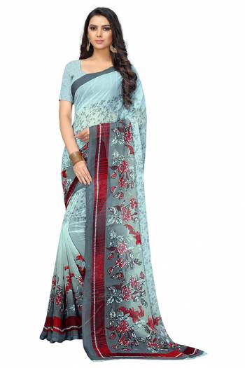 Beat The Heat This Summer Wearing This Pretty Light Weight Saree?In Light Blue Color. This Saree And Blouse Are Fabricated On Chiffon Which Is Easy To Carry All Day Long.
