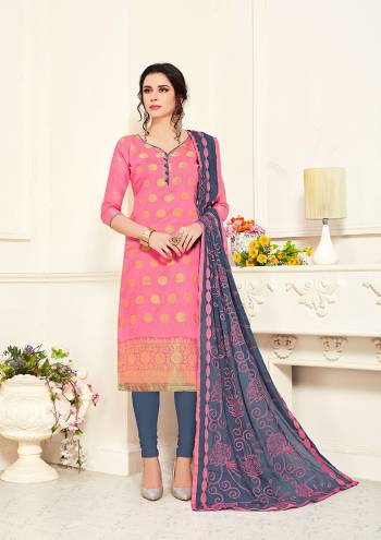 Look Pretty Wearing This Designer Dress Material In Pink Colored Top Paired With Grey Colored Bottom And Dupatta. Its Top Is Fabricated On Banarasi Silk Paired With Cotton Bottom And Chiffon Fabricated Embroidered Dupatta. 