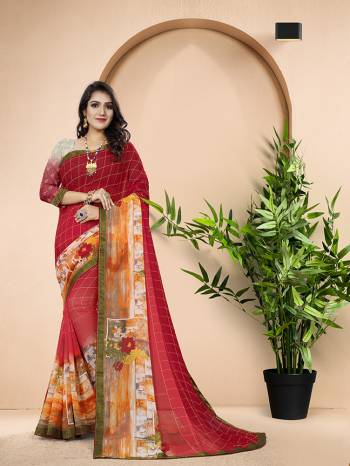 Shine Bright In This Lovely Red And Multi Colored Saree. This Saree And Blouse Are Fabricated on Georgette With Broad Border Prints. 
