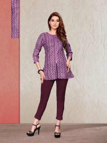 For Your Semi-Casual Wear, Grab This Printed Readymade Short Kurti In Purple Fabricated On Cotton. It Is Light In Weight And Easy To Carry All Day Long. 