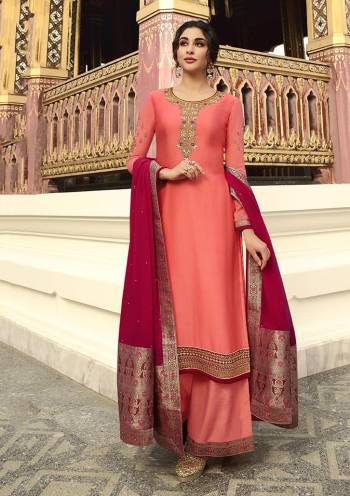 Look Attractive In This Straight Cut Designer Semi-Stitched Suit In Dark Peach Color Paired With Dark Pink Colored Dupatta. Its Top Is Fabricated On Satin Georgette Paired With Santoon Bottom And Chinon Fabricated Dupatta. Buy This Pretty Suit Now.